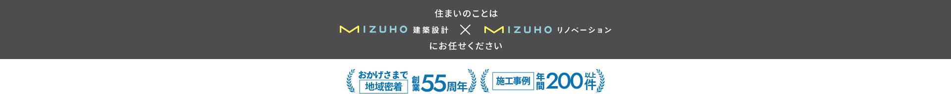 住まいのことは MIZUHO建築設計×MIZUHOリノベーション にお任せください おかげさまで地域密着 創業55周年 施工事例 年間200件以上